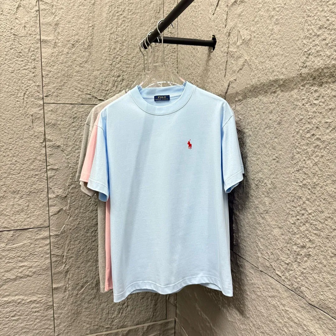 🅿️180 Polo* Ralph Lauren 2025 spring and summer new style Classic pony embroidery Customized double yarn plain cotton fabric Short-sleeved T-shirt Uniform for men and women Color: black white light pink light blue Size: S (90-130 pounds) M (120-150 pounds) L (140-165 pounds) XL (160-180 pounds) XXL (180-210 pounds)